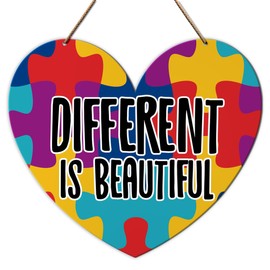 Autism Awareness Wall Door Sign, Inspirational Autism Sign Nursery Classroom Baby Kids Bedroom Wood Hanging Wall Decor Sign Plaque, Motivational Gifts for Autism Child, Different Is Beautiful