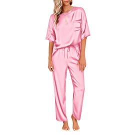 Ekouaer Womens Silk Satin Pajamas Set Two Piece Pj Sets Sleepwear Loungewear Short Sleeve Pj Sets Hot Pink