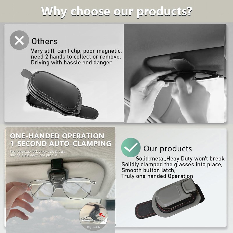 SEAMETAL Sunglass Holder for Car Visor Metal Sunglasses Clip, One-Hand