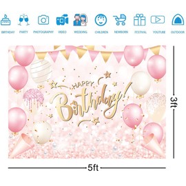 Pink Happy Birthday Banner Backdrop Pink and Rose Gold Happy Birthday Party Decorations Supplies for Women and Girls Happy Birthday Banner Baby Shower Sweet 16 Photography Background 5x3ft