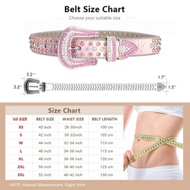 MINGSUN Rhinestone Belt for Women Men, Western Belts Cowgirl Cowboy Punk Studded Leather Belt for Jeans Dresses Pants, Pink Silver, 40: fits waist from 28"-30"