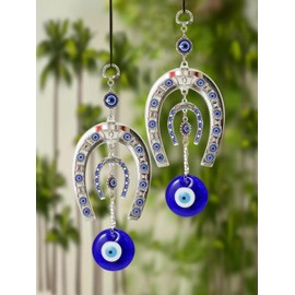 TIED RIBBONS Evil Eye Hanging Ornament | Metal, 2 Set | 10 Inch | Evil Eye Decor for Home, Car, Wall Hanging, Good Luck Charms, Living Room | Evil Eye Ornament for Window
