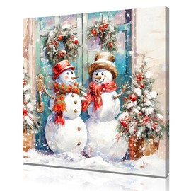 Christmas Wall Decor Snowman Picture with Santa Claus Hat Red Scarf Canvas Printing Painting Wall Art Home Décor for Bathroom Bedroom Living Room Office Framed Ready to Hang(13.5"x13.5"x 1Panel)…