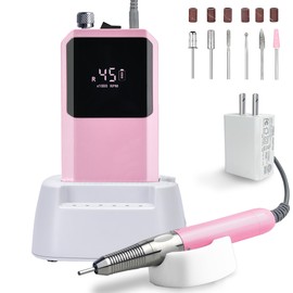 Lumcrissy Professional Nail Drill Machine - 2-in-1 Brushless Motor Nail File, 45000 RPM 2*3500mAh Portable Efile for Acrylic Gel Nails with 6 Bits & ETL-Certified USB Charger for Salon & Home(Pink)