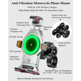 BRCOVAN Motorcycle Phone Mount with Qi 15W Wireless Charger & Vibration Dampener, Aluminum Alloy Anti-Theft Waterproof Motorcycle Handlebar Cellphone Holder, Adjustable Fit 4.7''-7.2'' Smartphones