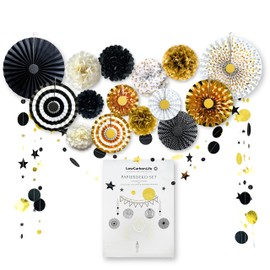 LowCarbonLife Party Decoration Set 18 Pieces, Pompoms, Paper Fans & Garland, Birthday Decoration, Bachelorette Decoration, Bridal Shower, Decoration Hen Party, Elegant Party Decoration (Black Gold