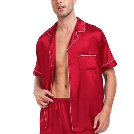 SWOMOG Men Satin Silk Pajamas Sets Short Sleeve Sleepwear Button-Down PJs Sets Two-Pieces Loungewear with Pockets Red