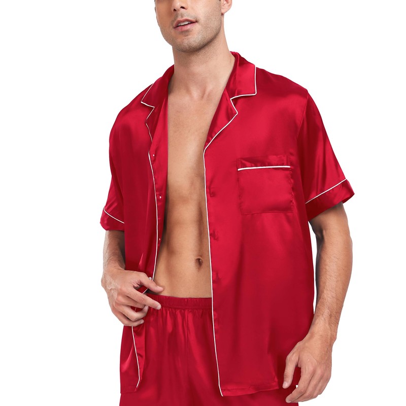 SWOMOG Men Satin Silk Pajamas Sets Short Sleeve Sleepwear Button-Down