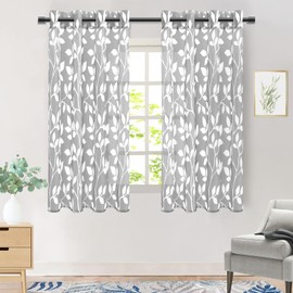 MRTREES Curtains with Eyelets Transparent Living Room Modern Short Window Set of 2, 160 cm Long, 140 cm Wide, Grey White Leaf Print Pattern Curtains Bedroom Children's Room Kitchen
