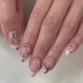 Press On Nails with Nail Glue, Butterfly Flower Bow Star Designed in Glue on Nails, Fake Nails, Short Square Almond Ballet Shape for Stick On Nails on 24PCS (White Sliver Bow)