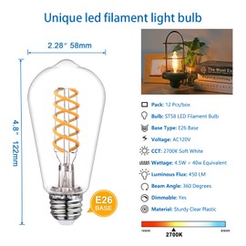 MYEMITTING Dimmable ST58 LED Edison Bulbs, 4.5W Equivalent to 40W Vintage Light Bulbs, E26 Base 2700K ST58/ST19 LED Bulbs, Antique Flexible Spiral LED Filament Light Bulbs - Clear Plastic 12Pack