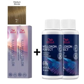 Wella Illumina Hair Dye 7 Medium Blonde 57g / 웰라 일루미나 염색약 7 미디움 블론드 57g x 2개 + 웰록손 산화제 6% 60g x 2개, 1개