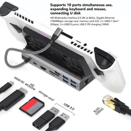 Steam Deck and ROG Ally Docking Station, 10-in-1 Steam Deck Dock with HDMI 2.0 4K@60Hz, Gigabit Ethernet, 2 x USB 3.1, 3 x USB 2.0, 100W USB-C PD Charging Port, Dual Fans
