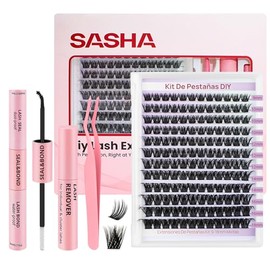SASHA Kit de Pestañas Postizas DIY, 144 Pestañas Individuales Racimos, con Longitud de 9-18mm, Curvatura Tipo D, Grosor de 0.07mm，Incluye 4 en 1 Herramienta Lash Bond y Seal y Remover y Pinzas