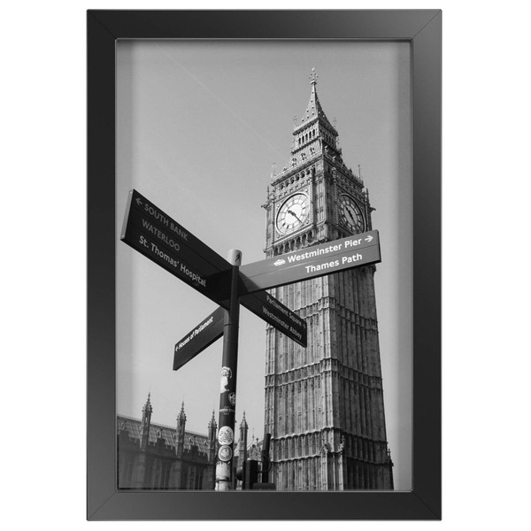 ONE WALL Tempered Glass 8x12 Picture Frame, Black Wood Frame for Wall and Tabletop - Mounting Hardware Included
