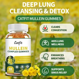 Catfit Mullein Gummies for Lungs – Mullein Leaf Extract with Quercetin, Elderberry for Respiratory & Immune Support,Lung Health & Breathing, Vegan, Pineapple Flavor, 60 Gummies