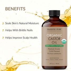 Majestic Pure USDA Organic Castor Oil | Hexane Free & 100% Pure | Cold Pressed | Stimulate Growth for Hair, Eyelashes, Eyebrows, Nails | Moisturizing & Nourishing | Body, Hair & Carrier Oil | 118 ml