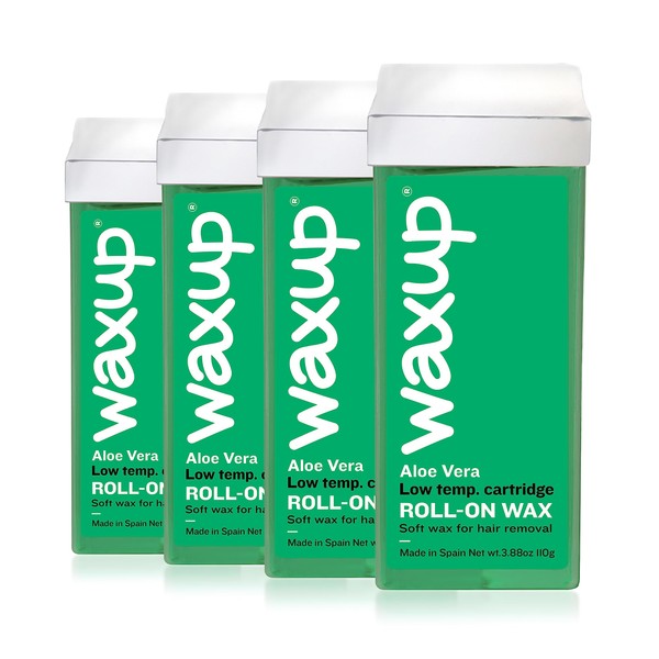 waxup Aloe Vera Roll On Wax, Hair Removal Wax Cartridge, Depilatory Wax Roller Refill for legs and arms 3.88 Ounce / 110g (4 Pack). Wax Warmer and Waxing Strips not Included.