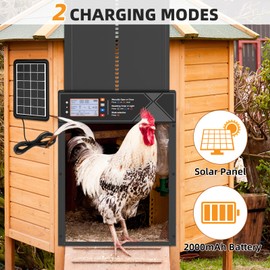 Automatic Chicken Coop Door, 4 Modes LCD Display Chicken Coop Door Solar Powered with Timer & Light Sensor, Aluminum Alloy Automatic Chicken Door with Anti-Pinch, IPX45 Waterproof