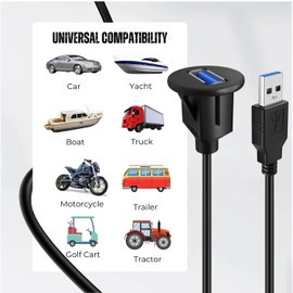 TNP USB 3.0 Flush Mount Cable w/Buckle, Dashboard Panel Dash Mount 1 Port USB Socket Plug Jack Connector Extension Wire Cord Water Resistant Male to Female (1.8M / 6FT)