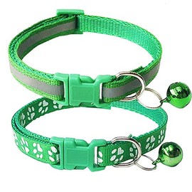 CHBORCHICEN 2-Pack Footprint & Reflective Cat Collar with Bell Basic Dog Cat Collar Buckle Adjustable Polyester Cat Dog Collar or Seatbelts (Small, Green)