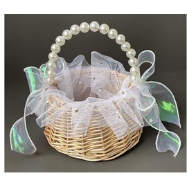 Povxlum 1pc Woven Flower Basket, Rattan Storage Basket, Flower Girl Basket, Handmade Flower Basket with Lace Bow