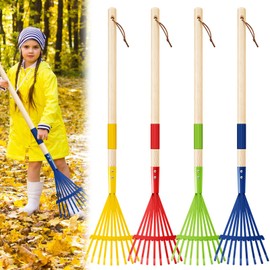 Suclain 4 Pcs Metal Kids Rakes with Hardwood Handle 28'' Small Rake Child Size for Gardening Multicolor Mini Rake for Leaves Kids Leaf Rake Lightweight for Kids Garden Lawn Yard Tools Gifts