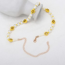 Herbests Boho Pearl Necklace for Women, Colourful Pearl Necklace Vintage Handmade Smiley Face Beads Necklace Adjustable Short Pearl Necklaces Beach Jewellery for Women and Girls