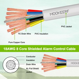 MOOKEERF 18 Gauge 8 Conductor Shielded Wire 100FT 18/8 18AWG Stranded Shielded Plenum Cable White CL3P Jacket for Low Voltage LED,Burglar System,Fire Detector,Security Station,Door Bell