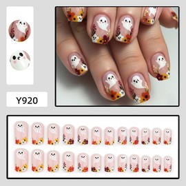 Halloween Press on Nails Short Square Fake Nails Flower Ghost Full Cover Nails Press ons Glossy Floral Leaf Reusable Glue on Nail Fall Daily Acrylic Stick on Nail for Women Halloween Autumn Nail 24Pcs