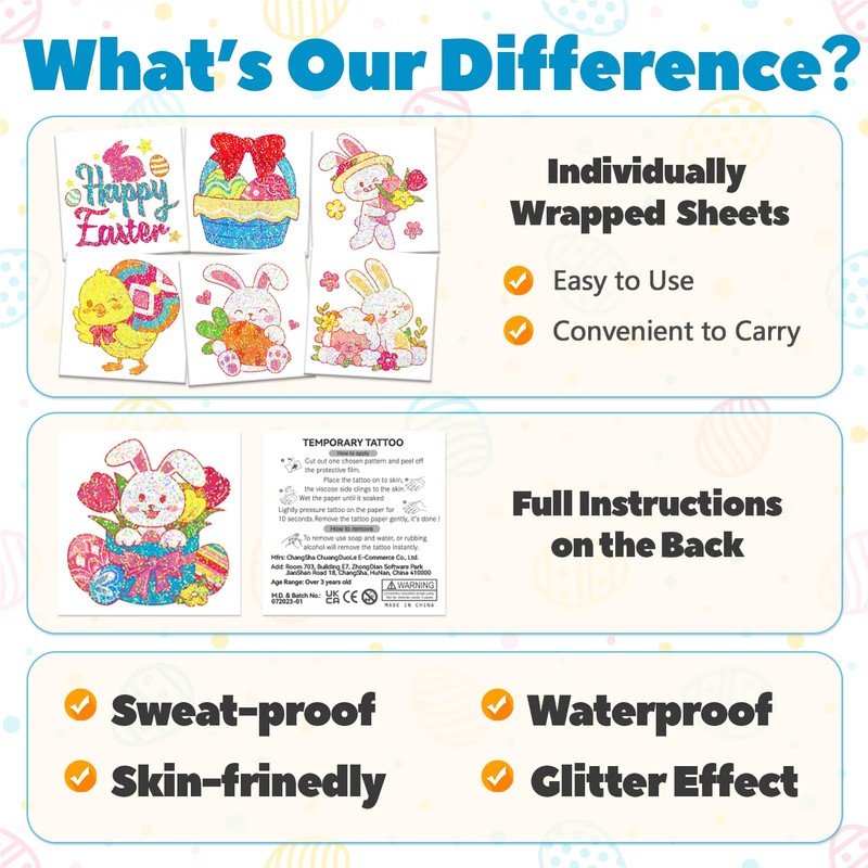 Leesgel Children's Easter Tattoos, Pack of 408 Easter Glitter Tattoos