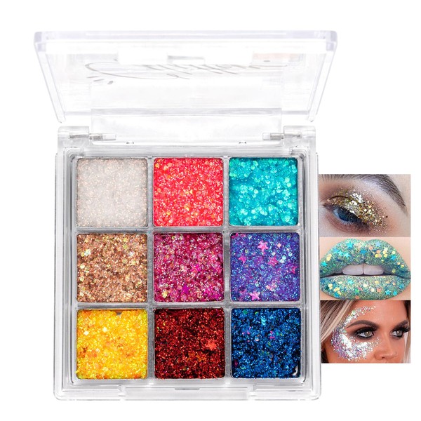 Glitzer Lidschatten Palette, 9 Farben Glitter Eyeshadow Palette, Hochpigmentierter Augen