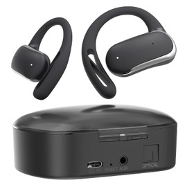 2.4GHz Wireless TV Headphones for Seniors, Open-Ear Hook Design for All-Day Comfort, Plug-and-Play (No Bluetooth), Low Latency, 50ft Range, Charging Case Transmitter with Optical & 3.5mm AUX Cables