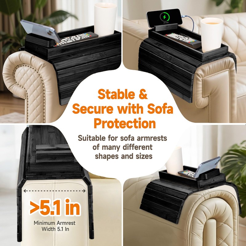 Bamboo Sofa Arm Tray – 2-in-1 Magnetic Detachable Couch Cup