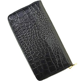 Rinre Long Wallet, Zipper, Round, Genuine Leather, Embossed Crocodile, Made in Japan, Black x Croco Embossed Leather