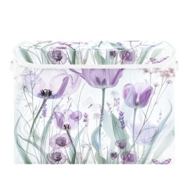 senya Baskets Collapsible Storage Bins with Lids, Purple Tulips Flowers Pastel Storage Boxes Clothes Baskets for Organizing, B06D22020