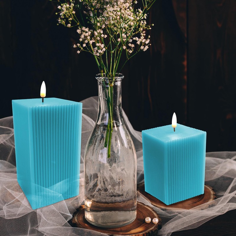 Girimax Turquoise Blue Square Ribbed Flameless Candles with Remote, Flickering