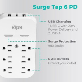 KMC 6-Outlet Extender USB-C PD Surge Protector Wall Tap, Multi-Plug USB Wall Charger, 2 USB-A Ports & USB-C 20W Power Delivery, High-Speed Phone Charger, 980J Surge Protection, UL/ETL Certified, White