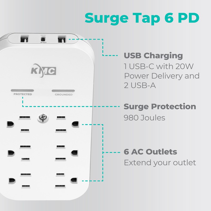 KMC 6-Outlet Extender USB-C PD Surge Protector Wall Tap, Multi-Plug