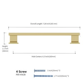 Rergy 10 Pack Cabinet Handles, 6-1/4inch Hole Center Pulls, Gold Kitchen Drawer Pulls and Knobs, Square Hardware for Kitchen Bathroom Dresser
