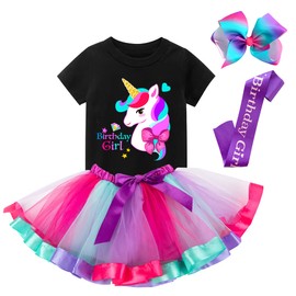Birthday Girls Costume – Headband, Shirt, Tutu Skirt Dress, Satin Sash - Unicorn Gifts for Girls (Black Birthday Girl 7, 6 Years)