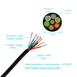 BEIJISTAR 5 m Vehicle Cable 7 x 0.5 mm² Round Cable, 12 V 24 V 7 Core Trailer Cable, 7 Core Electric Cable FLRYY Car for Caravans Lorries RV Trailers