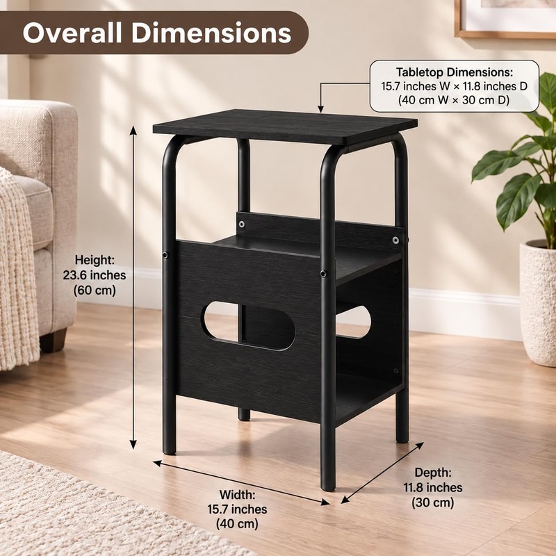 Small Side Table, Narrow End Table with 3-Tier Storage, Coffee