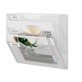 JEBELE 3 Compartments Magazine Holder Newspaper Holder Wall Mesh Magazines Wall Mount A4 Document Tray Wall Office Organiser Shelf with Labels Design Metal, White