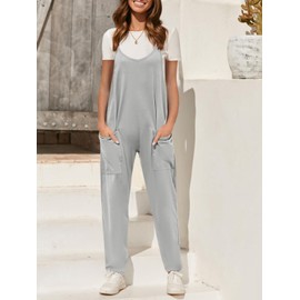 Fisoew Women's Summer Sleeveless Loose Casual V Neck Jumpsuits Spaghetti Strap Long Pants Baggy Overalls with Pockets