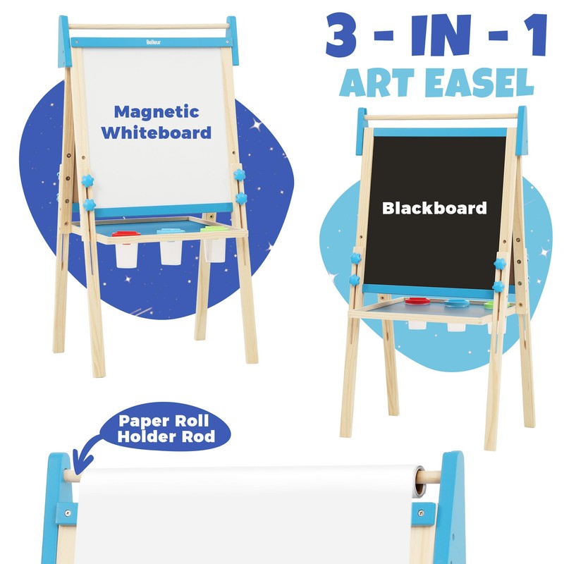 Belleur Wooden Art Easel for Kids 2+, Adjustable Double Sided