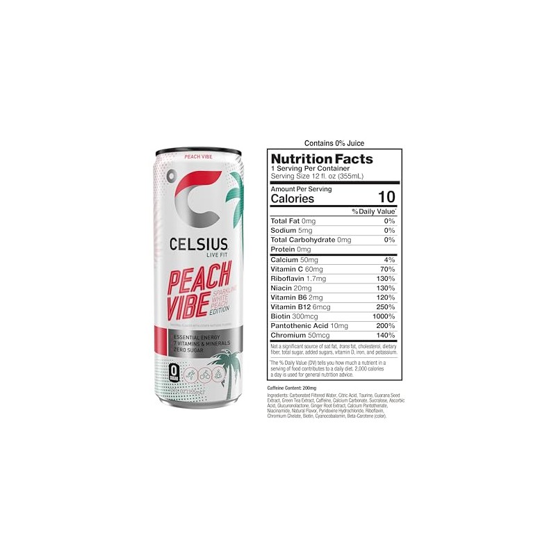 CELSIUS Bebida deportiva Sparkling Peach Vibe, sin azúcar, 12 oz.
