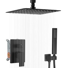 JingGang 10 Inch Ceiling Mounted Shower System Rain Mixer Shower Combo Set Rainfall Shower Head System Matte Black Shower Faucet Rough-in Valve Body and Trim Included