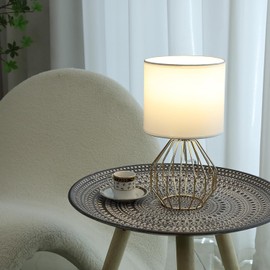 KRASTY Small Gold Table Lamps, Set of 2 Bedside Nightstand Lamps with White Fabric Shade, Metal Base, Hollow Desk lamp, Modern Brass Geometric End Table Lamp for Bedrooms, Living Room,Office,Foyer