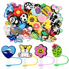 YEALQUE Random Different 50PCS 0.32in Straw Covers Cap Dust Proof Straw Tips Cover Cute Reusable Drinking Straw Toppers PVC for 7-8 mm Tumbler Cup Straws Accessories